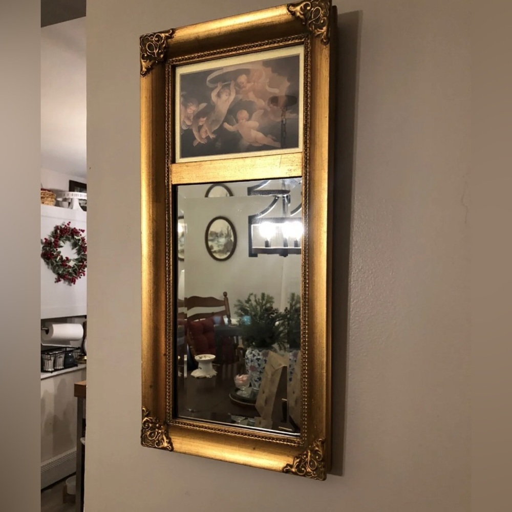 Vintage Robert Grace ornate wooden wall mirror with painted print cherub panel